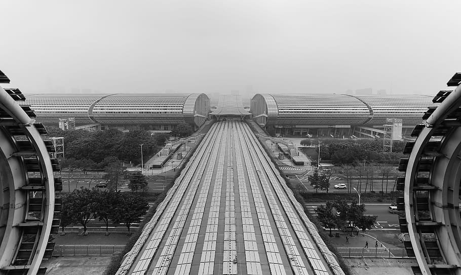 Building, China, Canton, hall, conference and exhibition center, black and white, full frame, transportation, railroad track, rail transportation