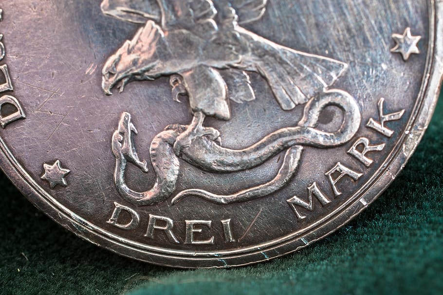 moeda de prata, marco, alemão, reichsmark, três, historicamente, metal, moedas, alemanha, moeda