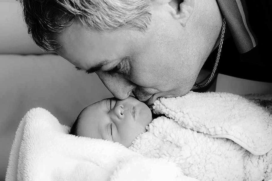 man, kissing, baby, sleeping, father, dad, love, newborn, infant, black And White