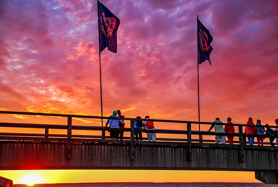 bridge, web, personal, human, watch, benefit from, sunset, flags, railing, away