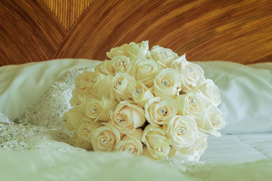 buquê, flores, casamento, flor, filial, planta, rosas brancas, compromisso, cama, planta com flor