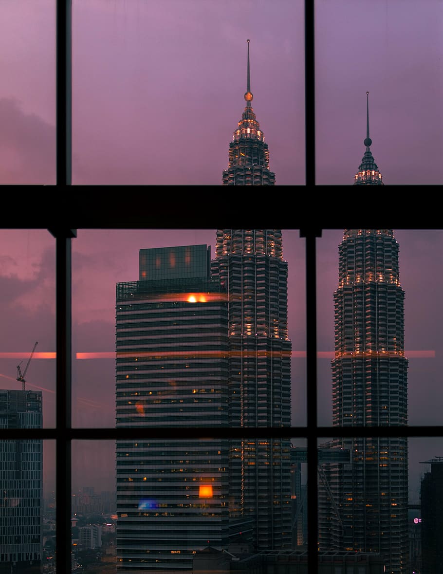 two, tower buildings, nighttime, architecture, building, infrastructure, tower, skyscraper, sunset, view