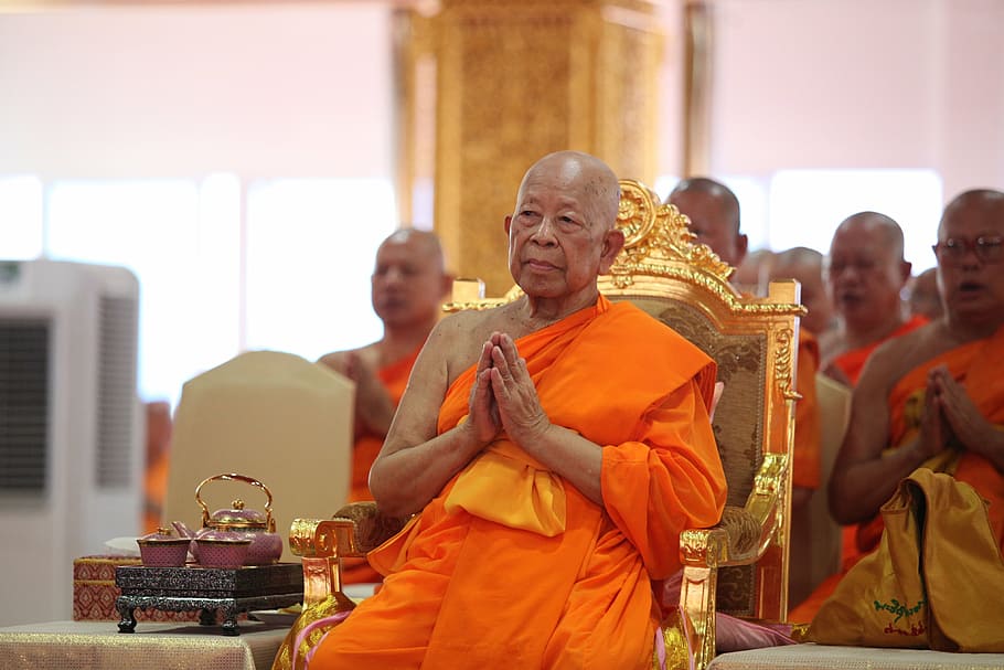 supreme patriarch, buddhist, patriarch, priests, elderly, temple, thailand, orange, robe, buddhism