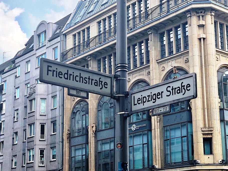 germany, berlin, friedrichstrasse, leipziger strasse, street, road, junction, sign, leipzig, architecture