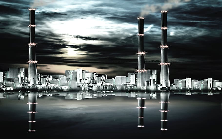 three, black, towers, body, water, panorama, industry, factory, chimney, industrial plant