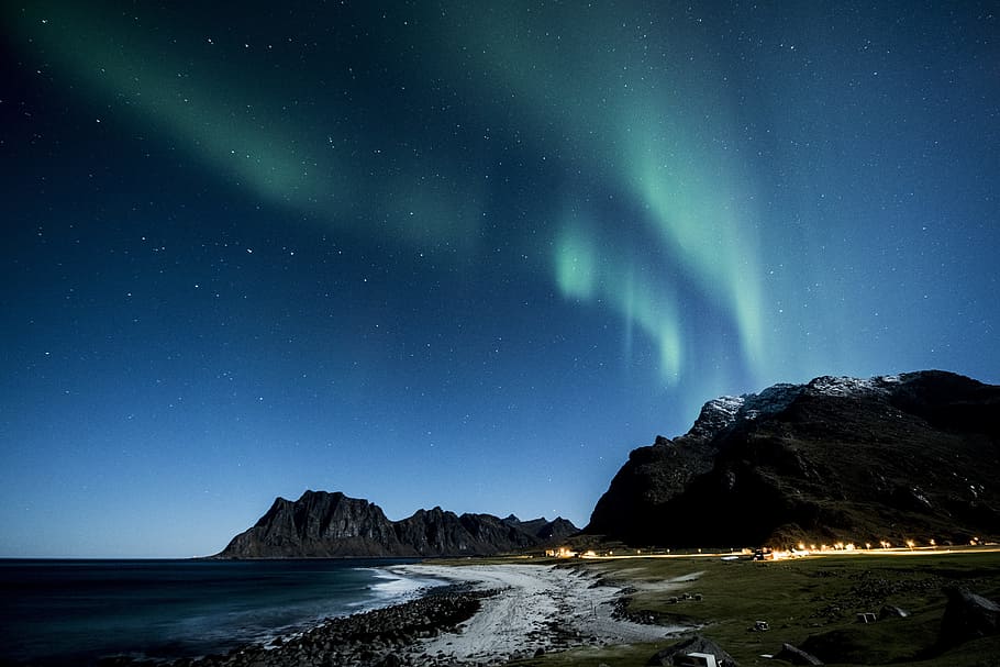 aurora borealis, mountain, lofoten, norway, night, beach, costa, winter, blue, green