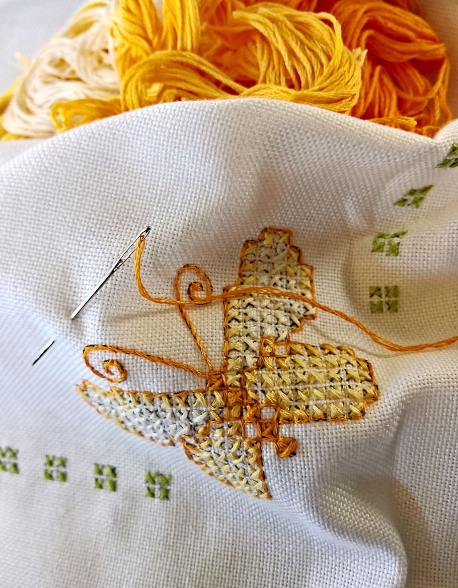 yellow, butterfly, cross, stitch, hand labor, embroidery, cross stitch embroidery, cotton blanket, embroidery thread, stick needle