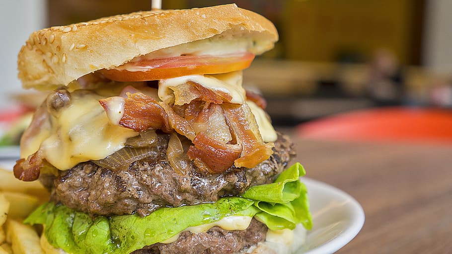 hamburger, piring, dalam ruangan, burger, sandwich, makanan, makanan cepat saji, makan, memasak, lemak