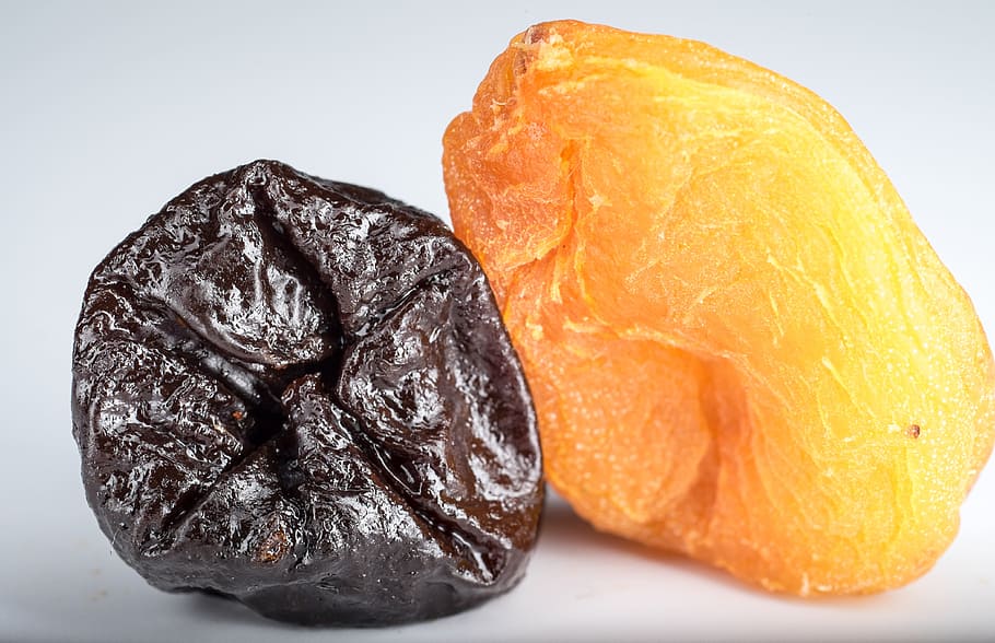 two, orange, black, dried, fruits, dried apricots, prunes, dried fruits, yellow, fruit