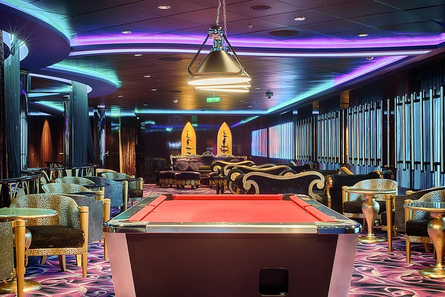 empty, red, brown, pool table, bar, billiards, pool, snooker, table, entertainment