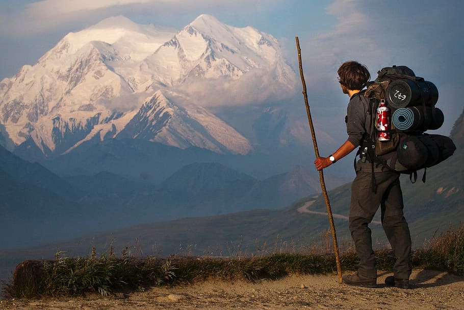 hombre, negro, camisa, en pie, montaña, Monte McKinley, excursionista, nieve, paisaje, excursionismo