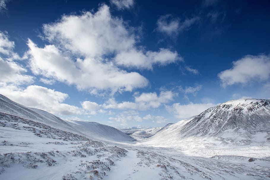 snow-covered, mountain, field, cloudy, blue, sky, cairngorms national park, mountains, nature landscape, landscape