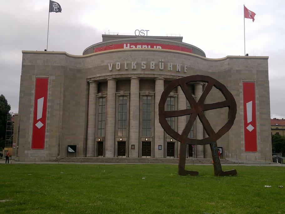 berlin, theater, theatre, volksbühne, building, architecture, festival, flag, uSA, building exterior