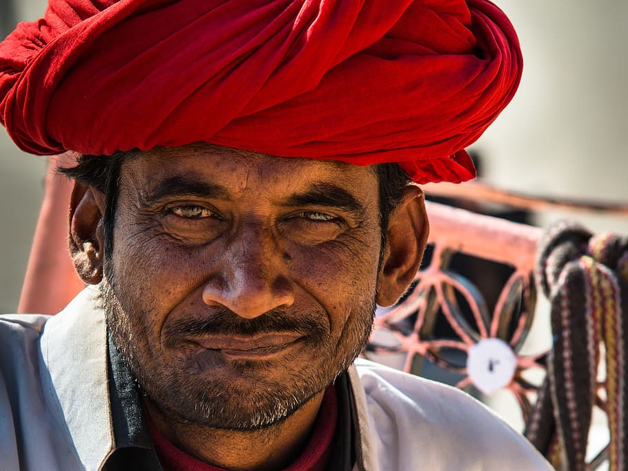 pria, mengenakan, merah, serban, putih, kemeja, Indian, potret, manusia, kepala
