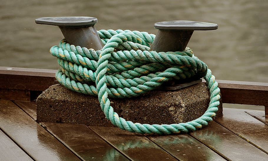 Quayside, mooring, green rope, rope, strength, tied up, close-up, wood - material, day, metal