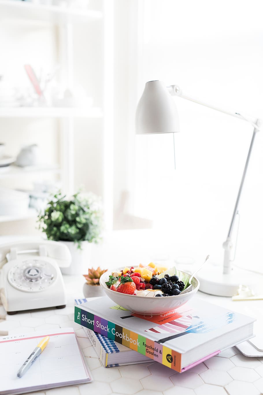 fruits, food, dessert, sweets, book, notebook, pen, table, white, lamp