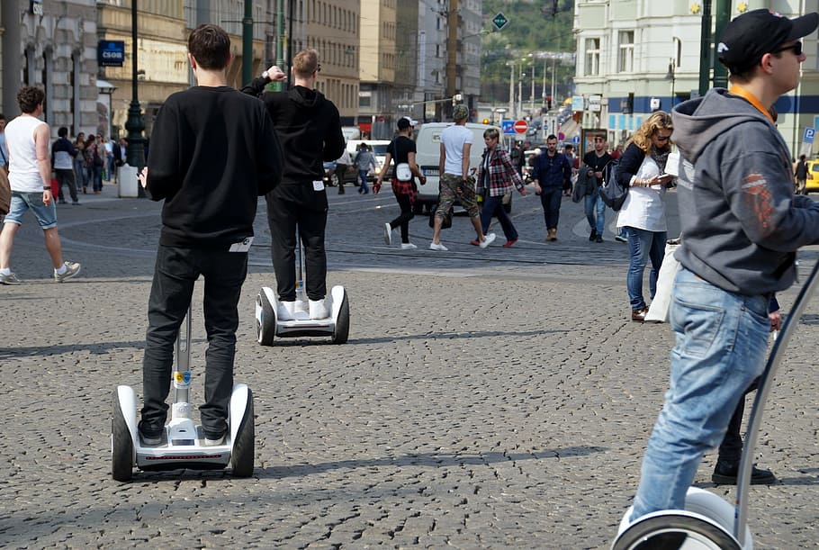 person, playing, electric, chariots, segway, runabout, ride, fun, people, street