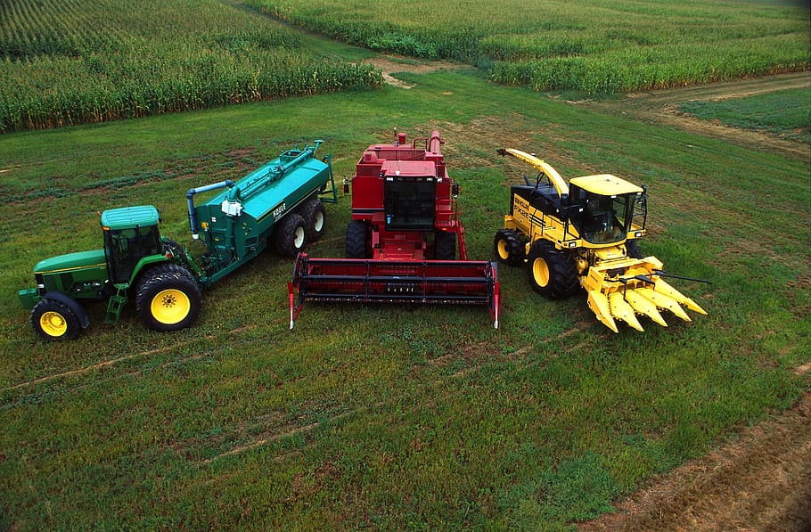 three, assorted-color, industrial, machines, open, field, daytime, beltsville, maryland, corn