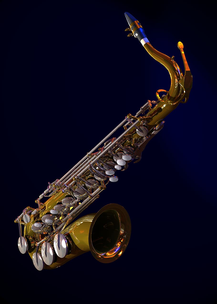 saxophone, 3d, graphics, music, musical instrument, studio shot, black background, brass instrument, arts culture and entertainment, brass