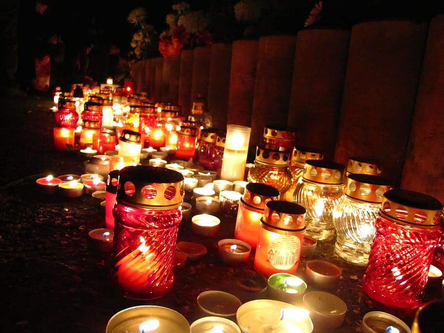 assorted-color glass candle lamps, Day Of The Dead, Candles, People, Graves, lights, night, indoors, candle, large group of objects
