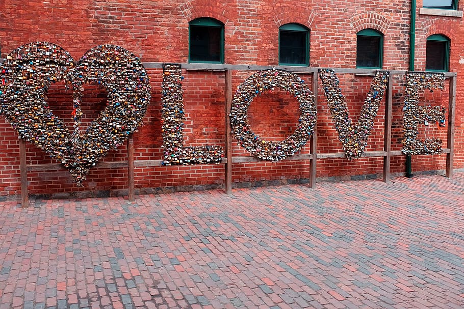 travel, distillery district, toronto, built structure, building exterior, architecture, brick wall, brick, art and craft, text