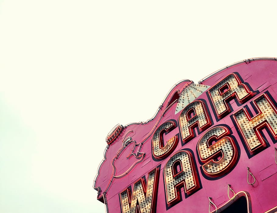 low, angle photo, red, brown, car wash signage, elephant, car wash, sign, signage, pink