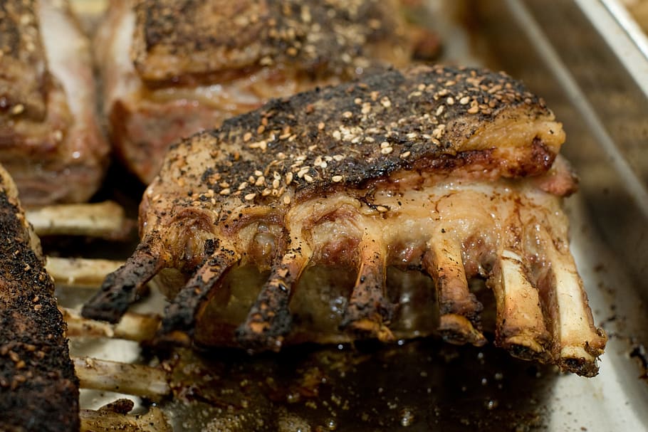 roasted rib food, rack of lamb, rack, lamb, chops, cutlets, meat, cooking, roasted, bone