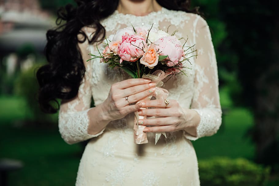 boda, matrimonio, novia, flores, ramo, vestido, anillo, flor, planta floreciendo, recién casado