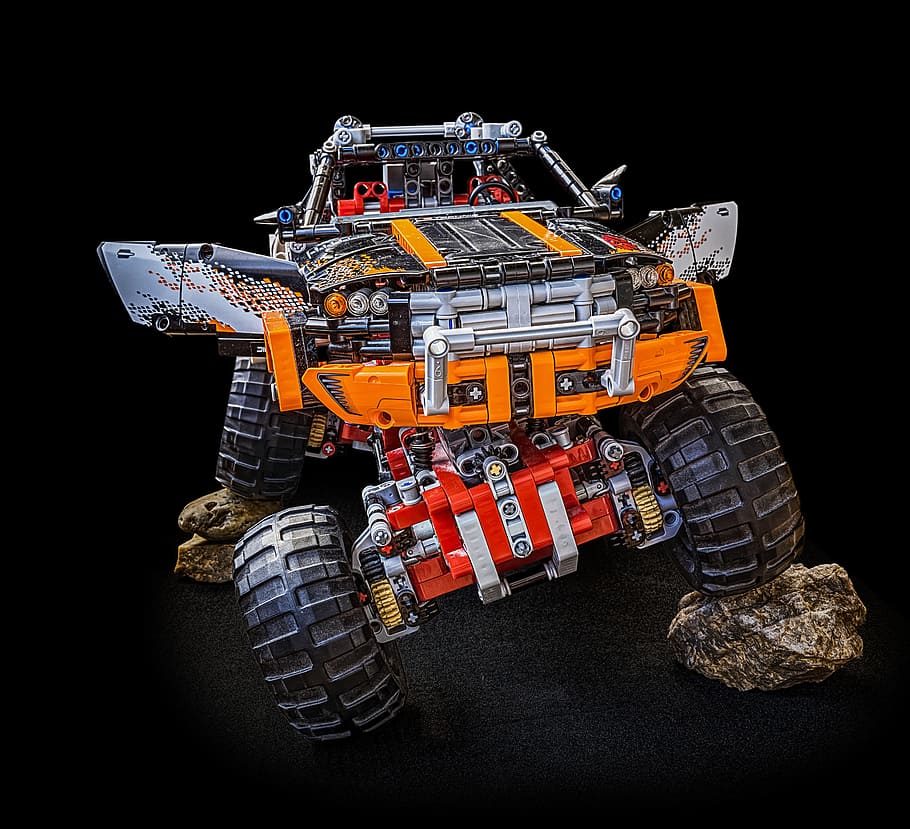 orange, multicolored, monster truck, lego technic, technic, lego, technology, component, toys, play