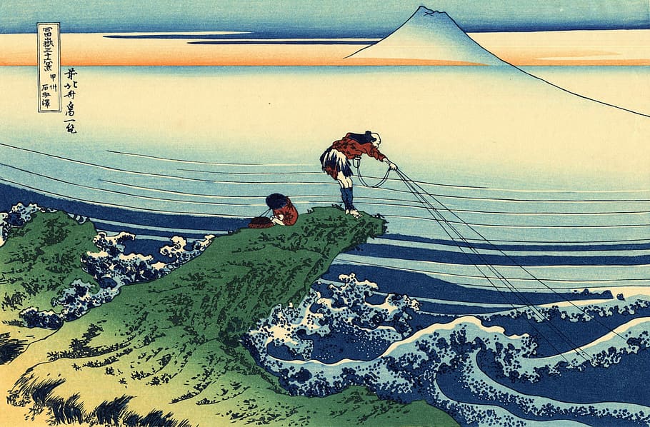 native, american fishing illustration, fishing, fishermen, japan, japanese, painting, mount fuji, volcano, sea
