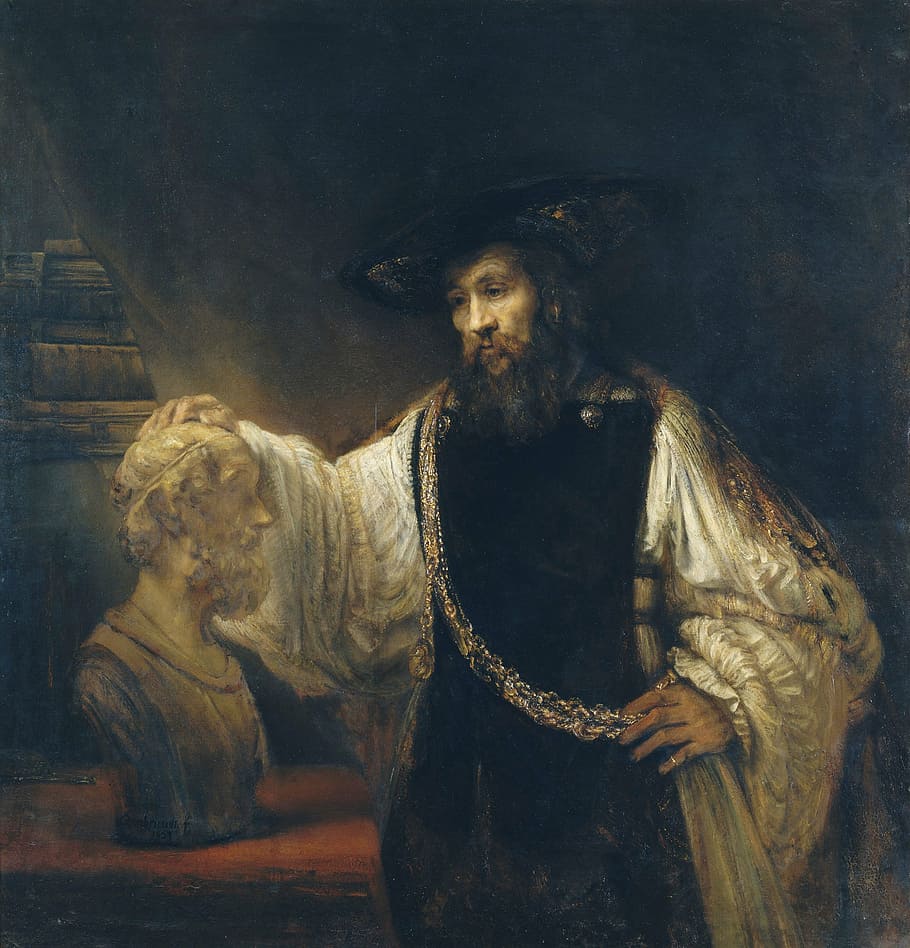 homem, em pé, ao lado de, marrom, de madeira, mesa, pintura de cabeça, Rembrandt, Aristóteles, busto