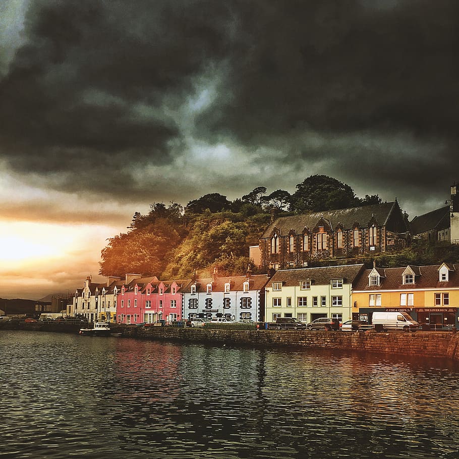 houses, body, water, Portree, Scotland, Highlands And Islands, western highlands, port motifs, haunting, skye