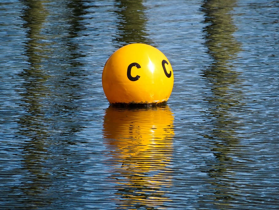 buoy, float, water, buoyancy, reflection, sphere, yellow, waterfront, ball, floating