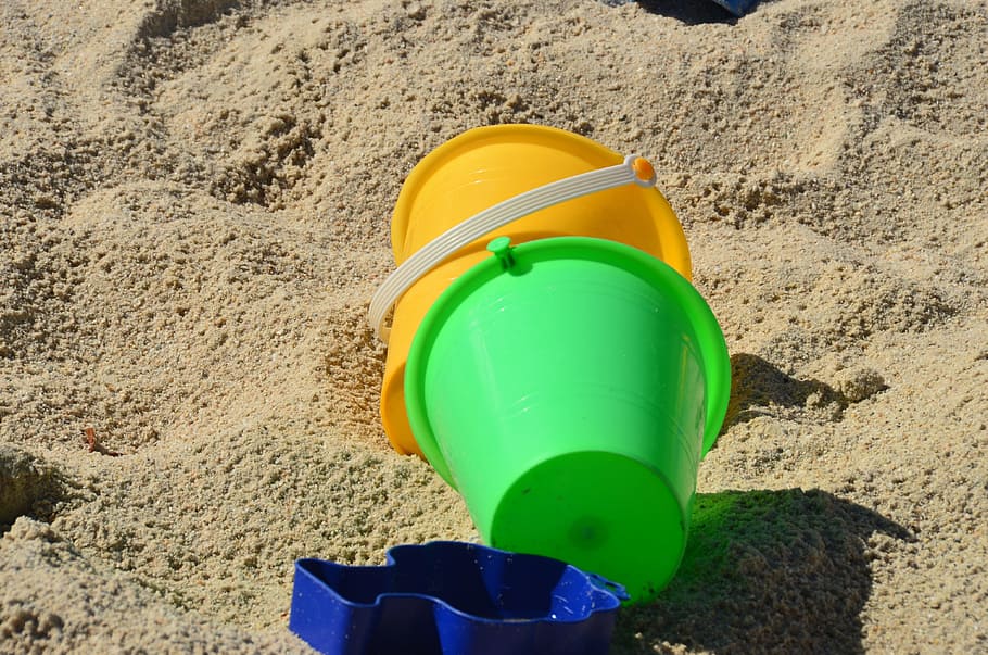 Bucket, Toys, Sun, Sand Pit, sand, yellow, green, beach, plastic, toy
