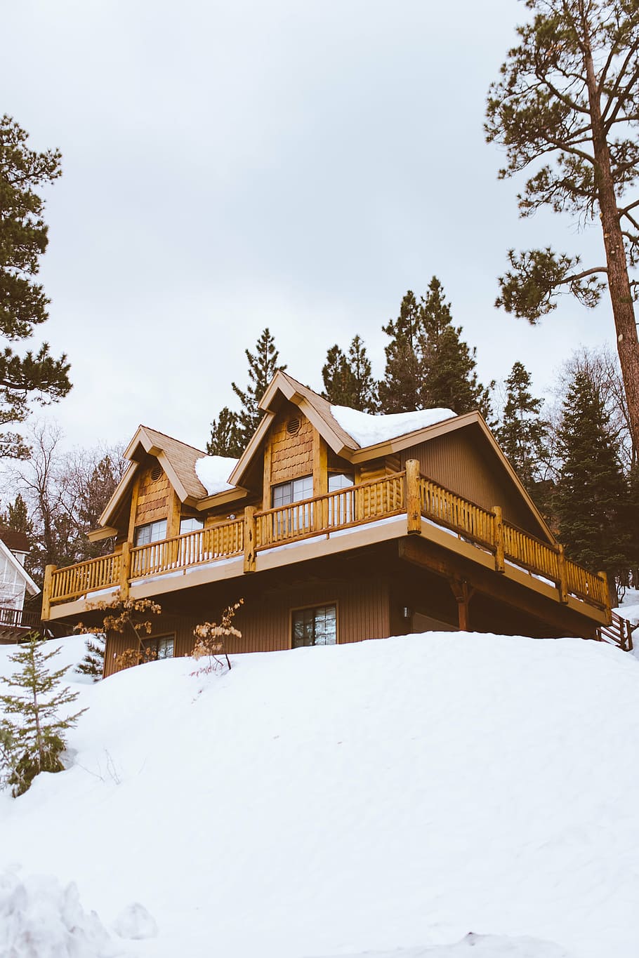 brown, black, wooden, house, covered, snow, winter, white, cold, weather