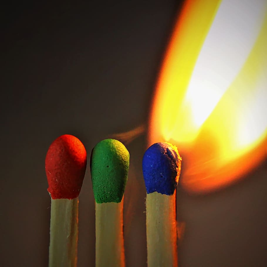three match sticks, fire, match, matches, sulfur, the flame, color, flame, matchstick, indoors