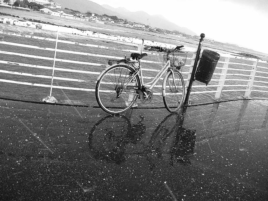 Sepeda, Hujan es, Bayangan, Dermaga, marina di massa, hitam dan putih, vedetta, foto, bnnrrb, tidak ada orang
