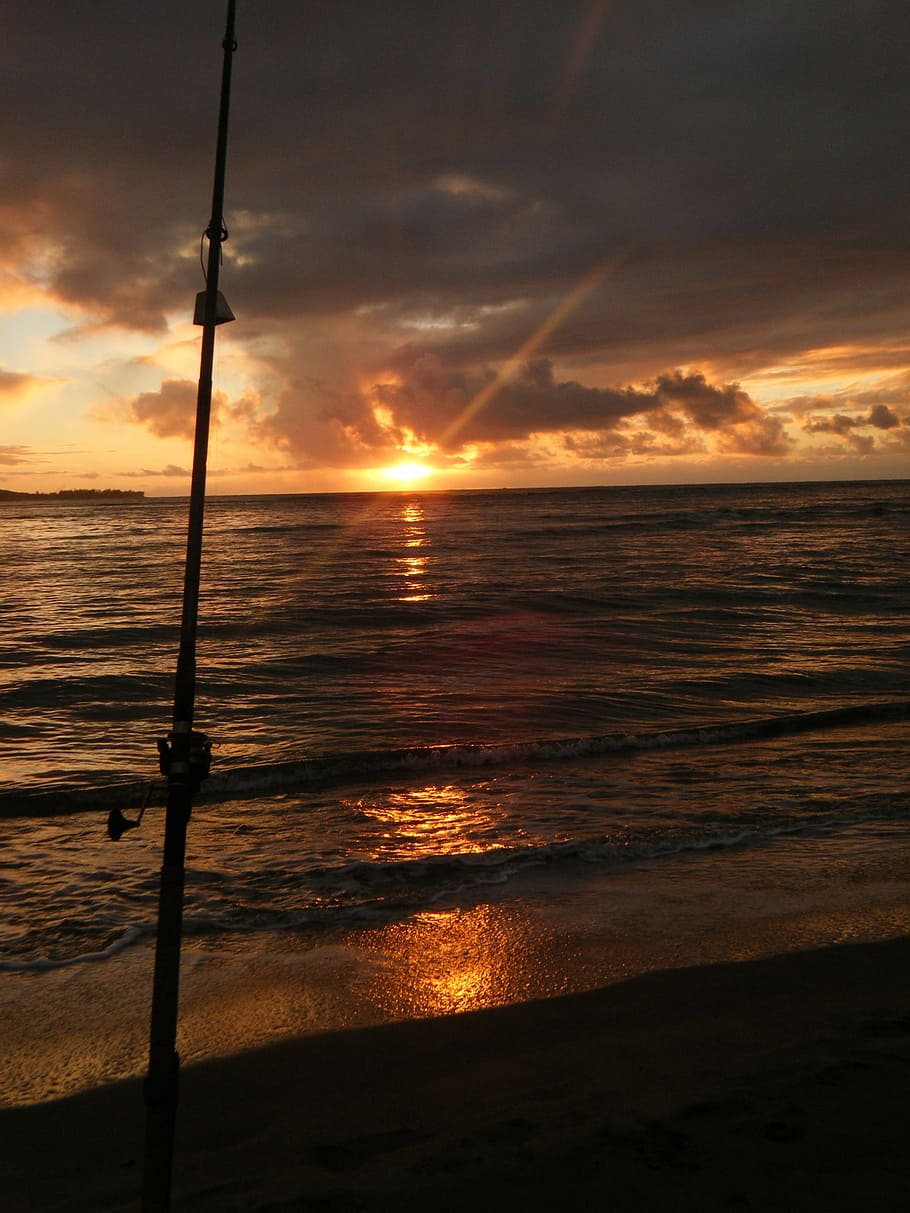 Kauai, Hawaii, Beach, Fishing Pole, kauai, hawaii, sunset, sea, horizon over water, nature, tranquil scene