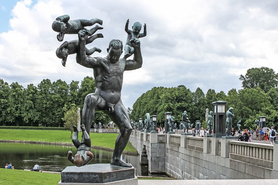 vigeland park, sculpture, oslo, norway, statue, representation, art and craft, sky, creativity, human representation