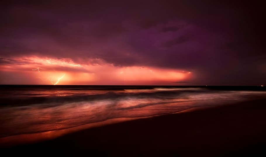 photography, beach, lightning, Sea, Ocean, Sunset, Dusk, Panorama, Sky, clouds