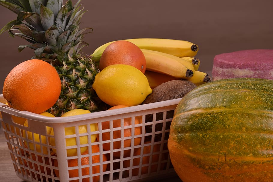 assorted, fruits, white, plastic basket, squash, food, fruit, basket, healthy, desktop