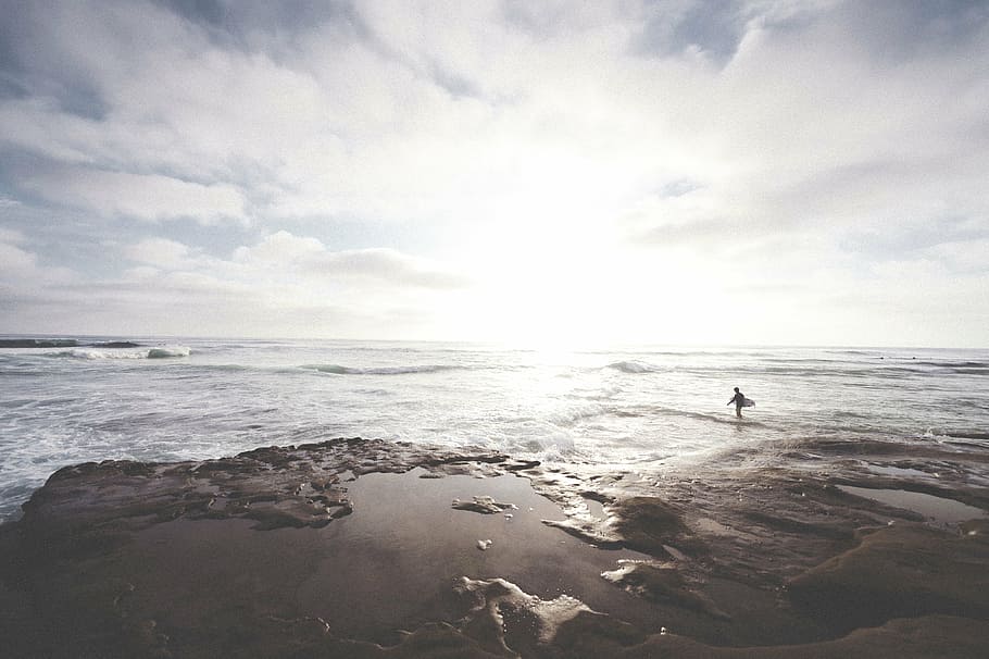 Persona, de pie, orilla del mar, durante el día, hombre, personas, espalda, stand, contemplar, surfista