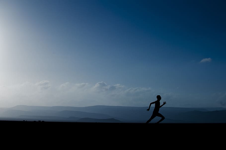 silhouette, man, sprinting, blue, clouds, landscape, mountains, sky, sunrise, running