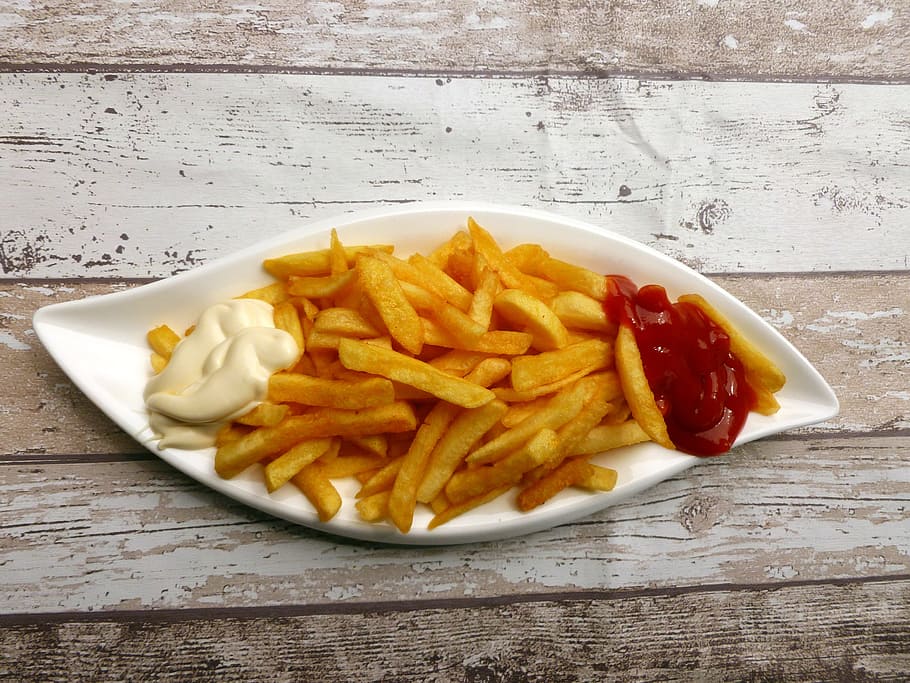 potato fries, ceramic, tray, french fries, eat, snack, fast food, delicious, ketchup, meal