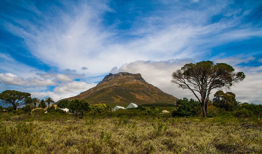 mountain during daytime, Stellenbosch, Mountain, Cape, Africa, scenery, blue, sky, winelands, scenic