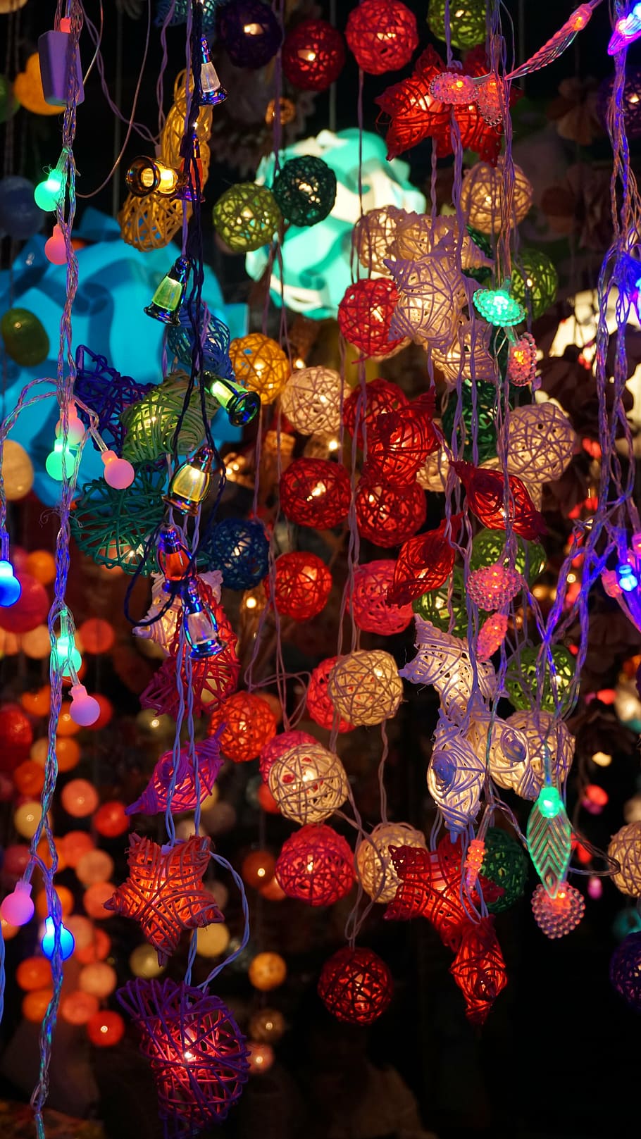 assorted-color string lights, turned, night time, lighting, light, bright, design, color, illuminated, shiny