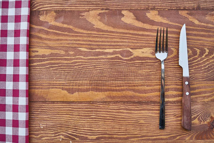 stainless, steel fork, knife, brown, wooden, surface, table, fork, product photo, background