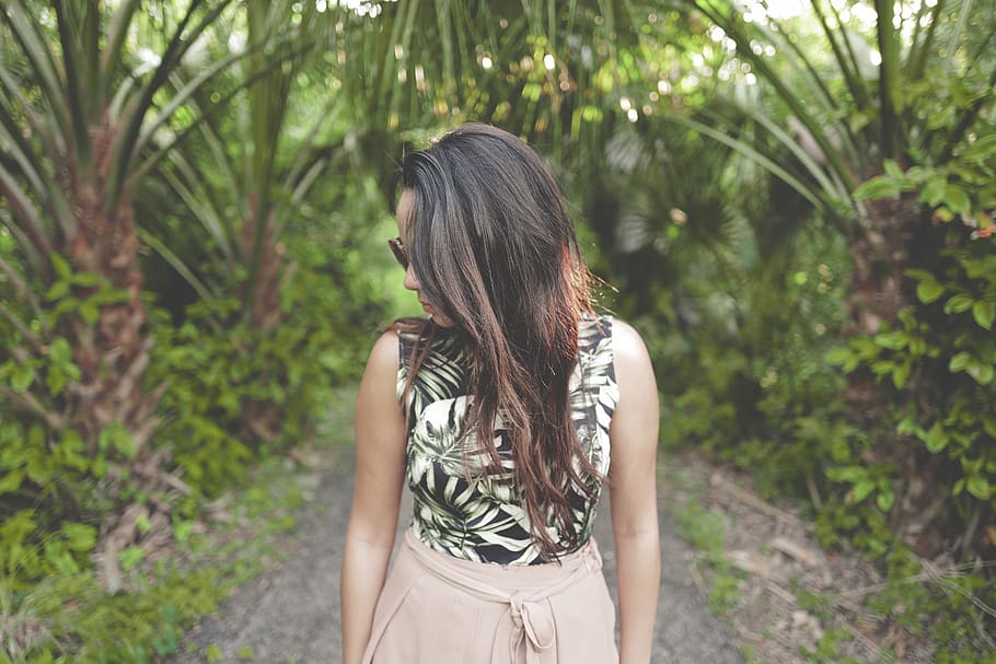 green, trees, plant, nature, path, people, woman, alone, long hair, hairstyle