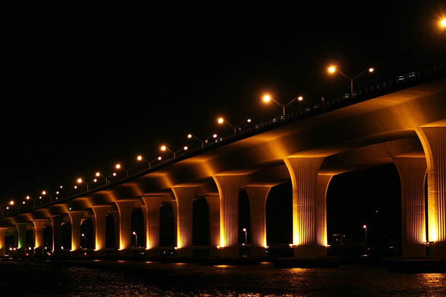 bridge, night, architecture, light, bridge at night, roosevelt bridge, stuart, florida, illuminated, built structure