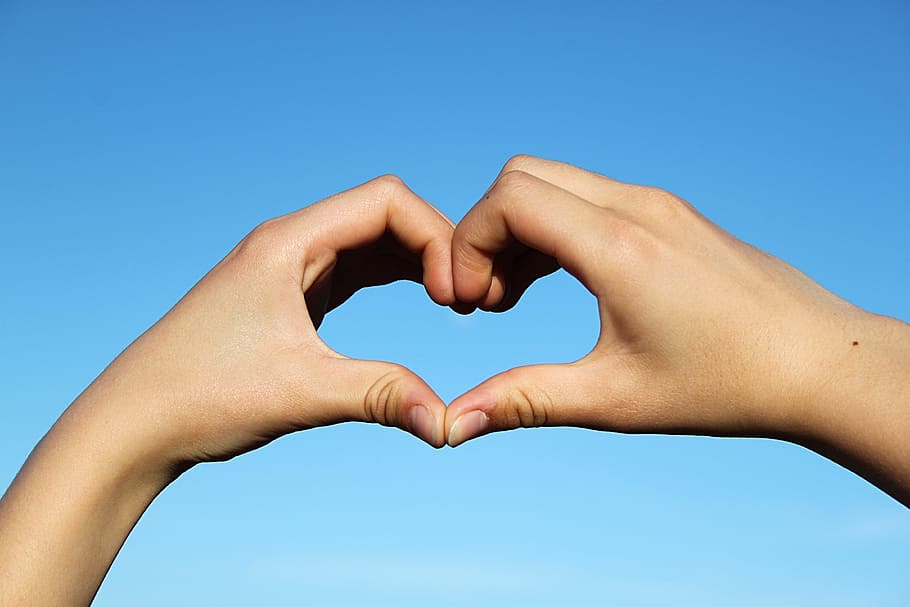 person, hart hand sign, heart, hands, love, romance, valentine's day, sky, background, romantic